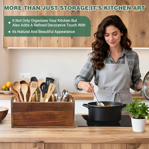 Kitchen Utensil Holder for Countertop with 3 Compartments，Acacia Wood Utensil Holder Cooking Spatula Organizer Large Cut
