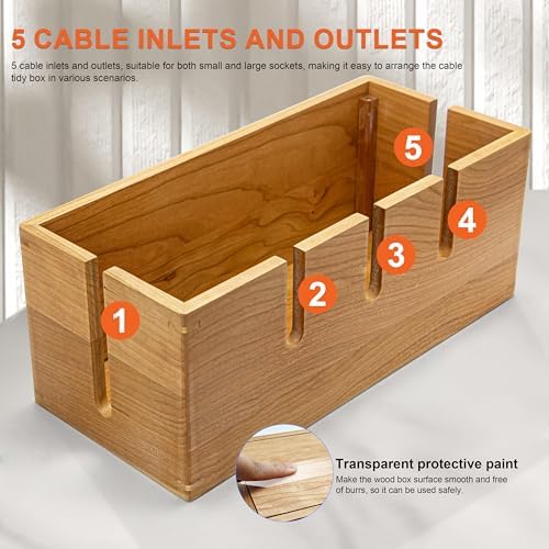 Elitzia Cherry Wood Cable Management Box for Desk Office, Magnetic Lid