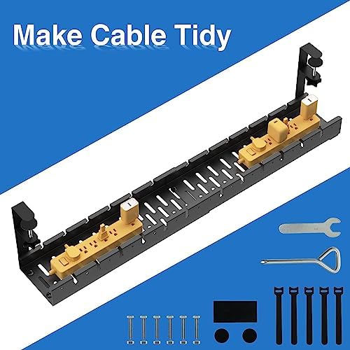 No Drilling Extendable Under Desk Cable Management, Metal Cable Management Tray Under Desk with Clamp, Retractable Power