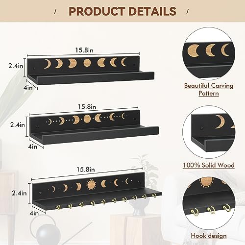 Crystal Shelf with Hooks Set of 3, Moon Shelf Display Wall Mount, Wood Floating Shelves for Celestial Decor and Room Dec