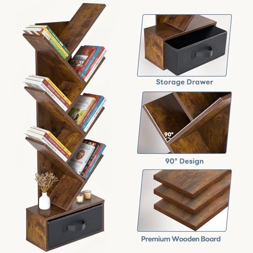 DUMOS 7 Tier Tree Bookshelf, Small Bookcase with Storage Cabinet