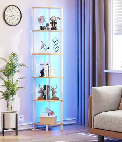 VIMBER 6-Tier Corner Shelf with LED Light, Industrial Corner Ladder Shelf, Rustic Display Shelf for Living Room, Bedroom