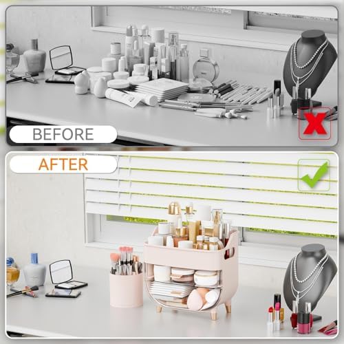 Yieach Pink Make up Organizers for Counter,Vanity and Dresser,Bathroom Makeup Organizer Countertop,Large Makeup Storage 