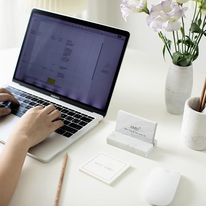 JIMEI Business Card Holder for Desk - Business Card Display Holder - Made of White Carrara Marble - Desk Organizer Stand for 25 Business Cards - Cute Office Desktop Accessory for Men and Women