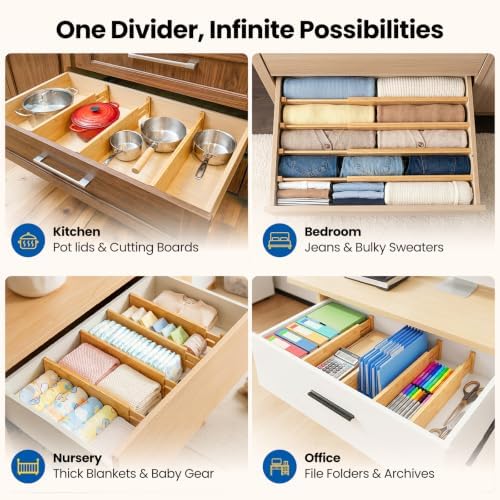 4 Pack 6" Deep Bamboo Drawer Dividers, 12-17" Expandable Kitchen Organizers