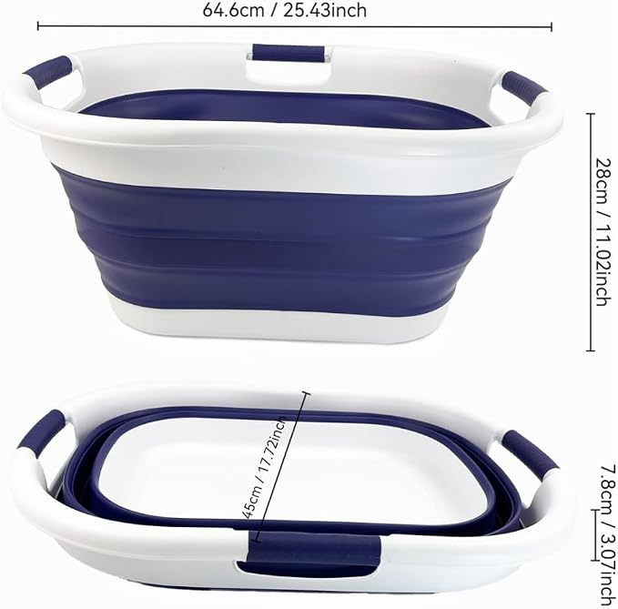 SAMMART 40L (10.5 gallon) Collapsible Plastic Laundry Basket - Foldable Pop Up Storage Container/Organizer - Portable Washing Tub - Space Saving Hamper/Basket (White/Navy Blue)