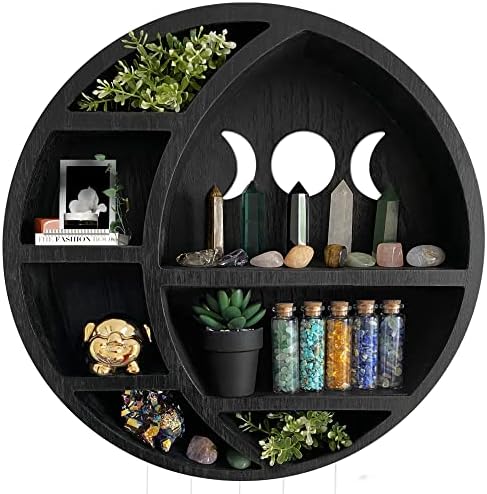 Wooden Crescent Moon Shelf for Crystals - Witchy Wall Shelf, Gothic Decor