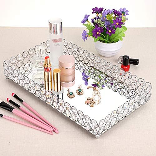 Hipiwe Crystal Perfume Tray Mirrored Bathroom Vanity Organizer, Large
