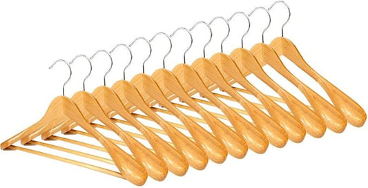 12 Pack Wide Shoulder Wooden Hangers, Suit Hangers with Non Slip Pants Bar, Smooth Finish 360° Swivel Hook Solid Wood Coat Hangers for Dress, Jacket, Pants, Heavy Clothes Hangers(Natural 12PCS)