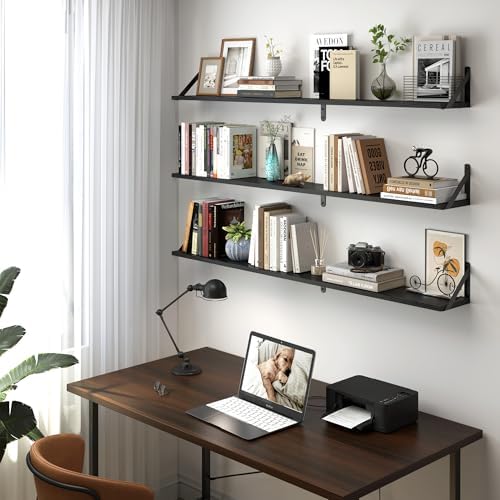 Heimlove 48 Inch Large Wall Bookshelves Set of 3, Wall Mounted Bookshelves,Heavy Duty Wooden Shelves for Living Room,Bed
