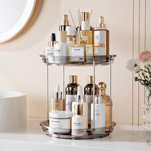 Delamu 2 Tier Rotating Makeup Organizer for Vanity, Skincare Organizer for Bathroom Counter, Spinning Perfume Organizer 