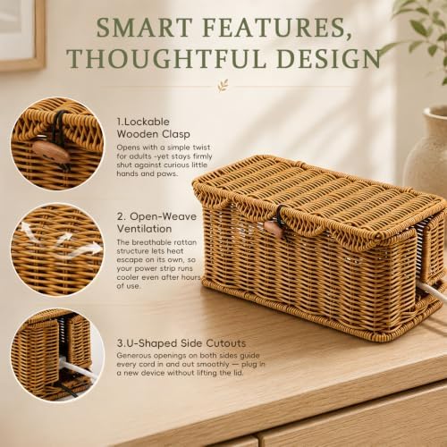 2 Pack Rattan Cable Management Box for Power Strip with 2 Exits