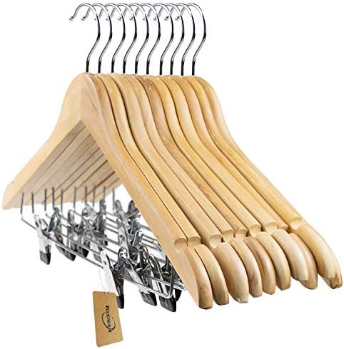 Tosnail 12-Pack Wooden Pant Hanger, Wooden Suit Hangers with Steel Clips and Hooks, Natural Wood Collection Skirt Hanger