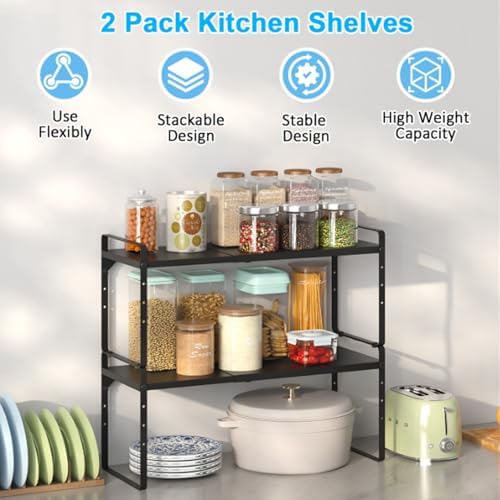 15.5 to 25.5 Inch Expandable Kitchen Cabinet Organizer Shelf, 2 Pack 30 LBS Heavy Duty Adjustable Kitchen Counter Storag