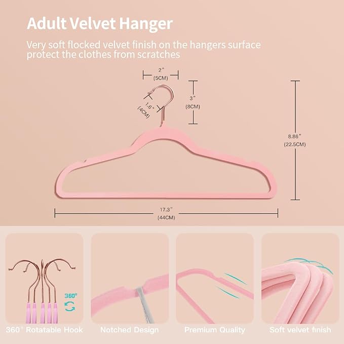 Stormix Adult Velvet Hangers Non-Slip, Shoulder Notches, 36 Pack Pink