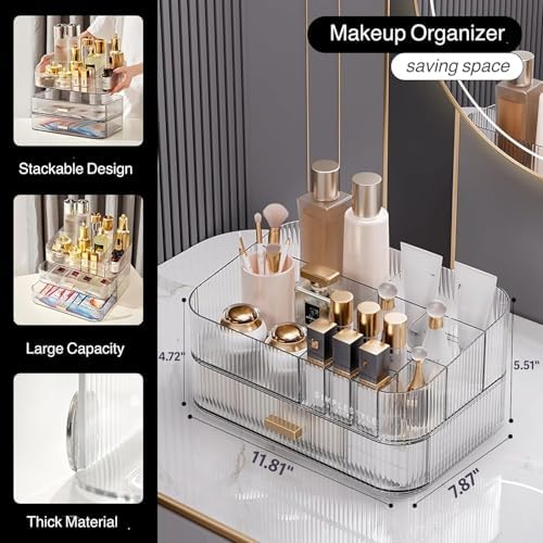 Clear Makeup Organizer for Vanity, Large Desk Organizer with Stackable Drawer for Cosmetics, Skincare, Lipsticks, Palett