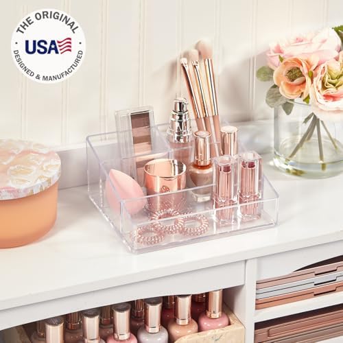 STORi Clear Plastic Small Countertop Vanity Makeup Organizer, Compact Rectangular 4-Compartment Holder for Brushes, Eyes