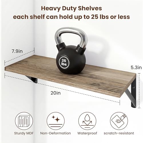 Axeman 20 Inch Floating Shelves, 8 Inch Deep Grey Wall Shelves Set of 2