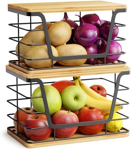 ALOCEO 2 Pack Large Garbage Bag Dispenser for 13/30/33 Gallon Bags, Potato and Onion Storage Baskets with Bamboo Lid, St