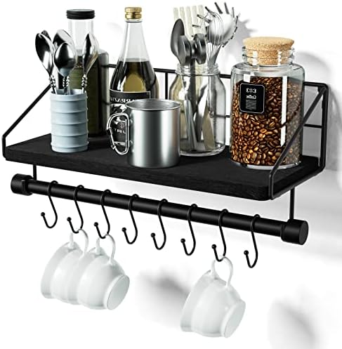 Alsonerbay Floating Shelf for Wall with Wooden Towel Bar, Black