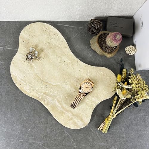 Cloud Shaped Travertine Vanity Tray, 13.3 x 8.3 Inch Natural Stone Decorative Catchall Tray for Bathroom Countertop, Bei