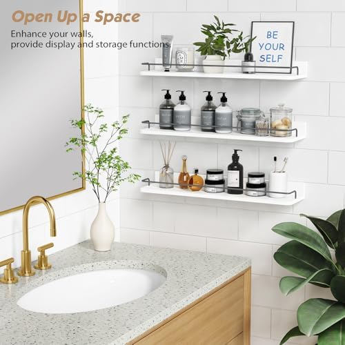 Forbena Floating Shelves for Wall 24 Inches Long, Modern White Wall Shelving Unit for Bedroom, Wood Hanging Shelf for Ki