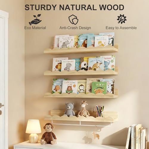 Fixwal Nursery Shelves, 24 Inch Floating Bookshelves for Wall Set of 4, Scalloped Wall Book Shelves with Towel Rack for 