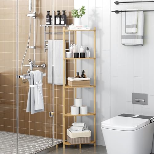 Corner Shelf Stand - 5 Tier Bamboo Small Corner Bookshelf for Office Kitchen Bedroom Plant Stand Living Room Decor Small