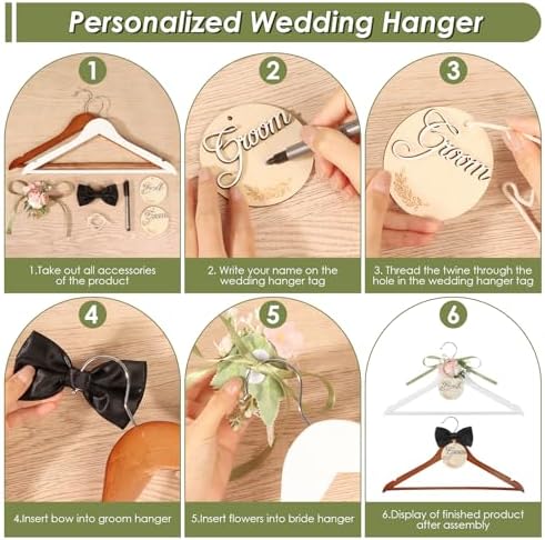 Bride & Groom Hanger with Personalized Name Tags, 2 Pack Dark Wood & White Wood Bridal Dress Hanger for Wedding Day Phot