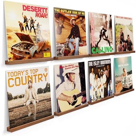 Emfogo Vinyl Record Shelf Wall Mount, 8 Pack Album Record Holder Wall, 12 inch Vinyl Record Storage Shelves Wall, Wood Record Display for Living Room Home(Walnut)