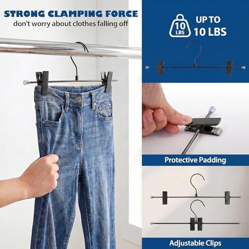 9 Pack Pants Hangers with Clips, 12.2 Inch Slim Metal Clothes Hangers with 360° Swivel Hooks, Heavy Duty Space Saving Closet Hangers for Jeans, Slacks, Shorts (Black)