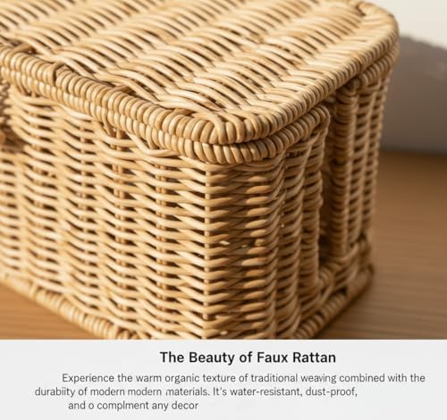 Handwoven Rattan Cable Management Box - Decorative Cord Organizer with Safety Lock, Large Boho Style Wire Hider for Desk