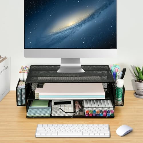 AUPSEN 2 Tier Computer Monitor Stands with Drawer and 2 Pencil Holder, Metal Monitor Stand Monitor riser, Computer Desk 