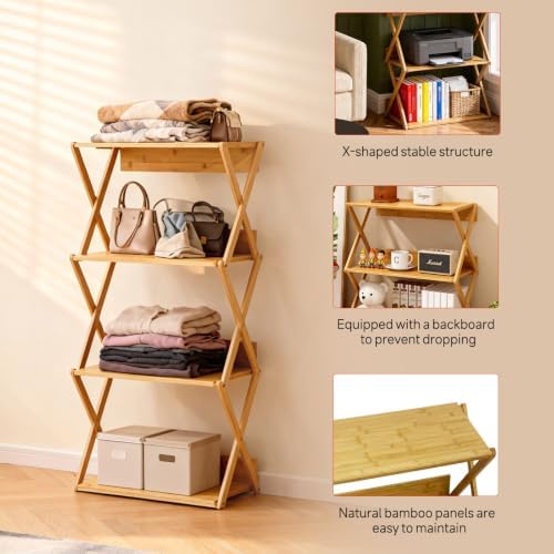 Aniston Bookshelf, 4 Tier Bamboo Bookcase with Back Panel, Standing Book Shelf for Small Space, Storage Shelves for Livi
