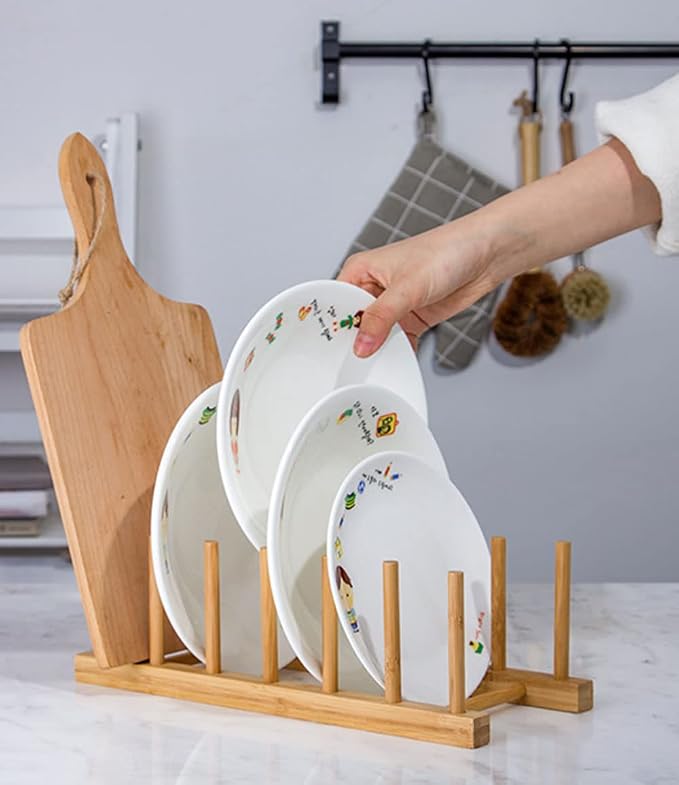 Lawei 4 Pack Bamboo Dish Drying Rack, Plate Rack Stand Pot Lid Holder, Dish Organizer Racks for Plates, Cups, Bowls, Cutting Board, Drying Rack Stand Drainer, Kitchen Cabinet Organizer