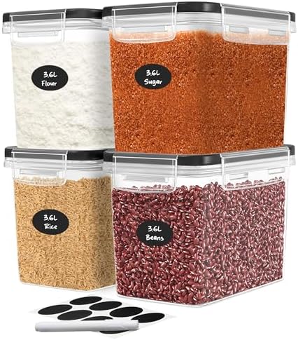 DWËLLZA KITCHEN Flour Sugar Storage Containers Set of 4; 3.6L Plastic Airtight Food Storage Containers with Lids for Kitchen Pantry Organization and Storage - Dry Food Containers, Labels & Marker