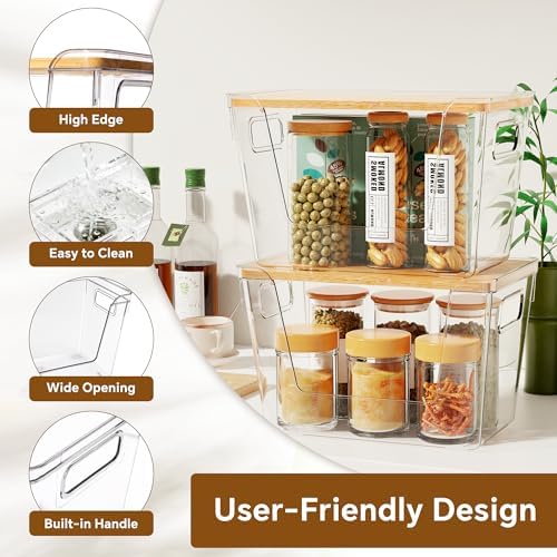 Criusia 2 Set Pantry Organizers and Storage with Bamboo Lids, Stackable Clear Bins for Onion, Potato, Fruit, Vegetables,