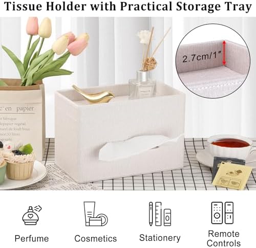 Sumnacon Tissue Box Cover with Storage Tray Rectangular Tissue Holder,Beige