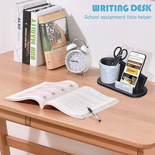 KEYPOWER Pen Pencil Holder Business Name Cards Decorative Bling Crystal Rhinestone PU Leather Gift for Women Girls (White)