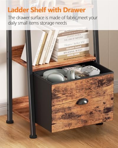 Furologee 6 Tier Ladder Shelf, Tall Ladder Bookshelf with Fabric Drawer