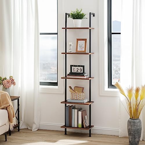 HOOBRO DIY Ladder Shelf, 5-Tier Wooden Wall Mounted Bookshelf, Narrow Bookcase, Display Shelf, Storage Rack, Plant Stand