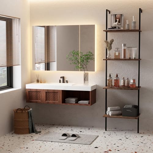 Wolawu Ladder Shelf 4 Tiers Metal Industrial Bookshelf,Brown Wood Tall Open Storage Rack and Display Shelves,Wall Mount 