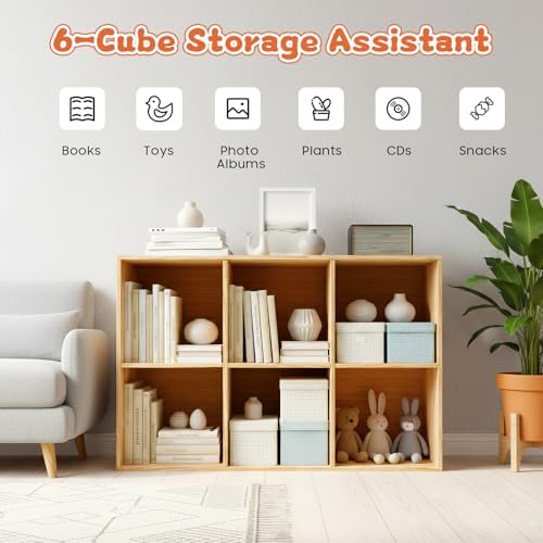6-Cube Solid Wood Bookshelf, 3-Tier Storage Organizer Semi-Open Floor Display Shelf Closet Cabinet for Home Office Libra