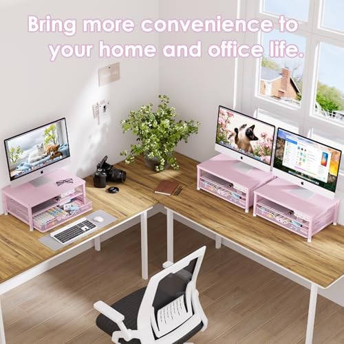 OPNICE Computer Monitor Stand Riser, Desk Organizer with Drawer, Printer & Laptop Stand, Office Desk Accessories & Works
