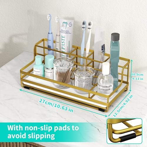 HapiRm Toothbrush Holders for Bathroom - 5 Partitions Bathroom Counter Organizer with Instant Drying Stone, Stainless St