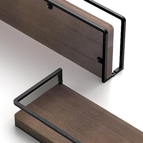 Meangood Floating Shelves Wall Mounted Set of 2, Rustic Wood Wall Storage Shelves for Bedroom,Living Room,Bathroom, Kitc