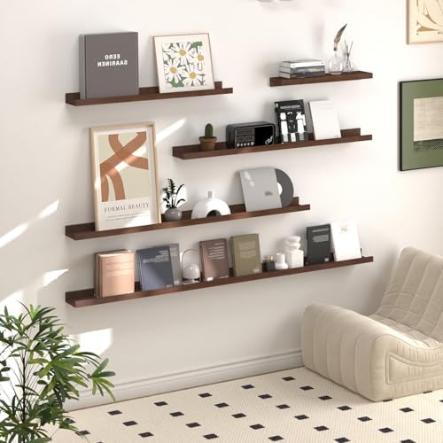 SAUMONIERES Picture Ledge Shelf Floating Book Shelves Set of 2 Wall Mounted Solid Wood for Bedroom Bathroom Living Room 