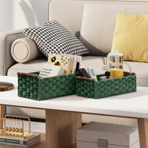Vagusicc Wicker Storage Basket, Set of 2 Hand-Woven Paper Rope Wicker Basket for Organizing with Handle Decorative Stora
