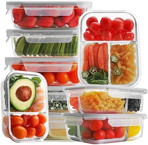 Bayco 9 Pack 3, 2 & 1 Compartment Glass Food Storage Containers with Lids