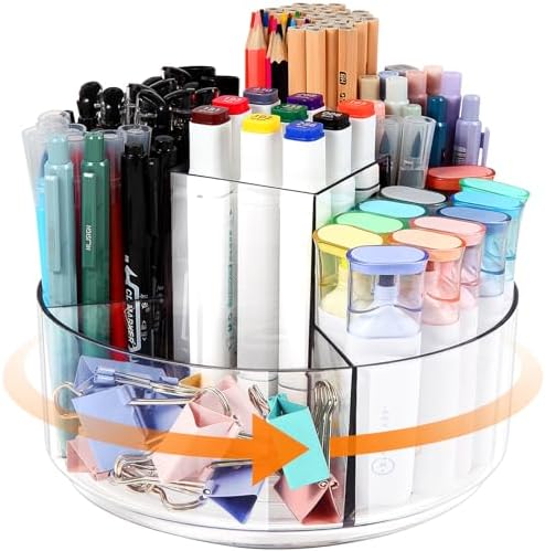 Rotating Pencil Holder for Desk, 5 Slots 360-Degree Spinning Acrylic Pen Holder for Desk, Marker Holder Caddy Art Supply Organizer Pen Organizer for Office Home School